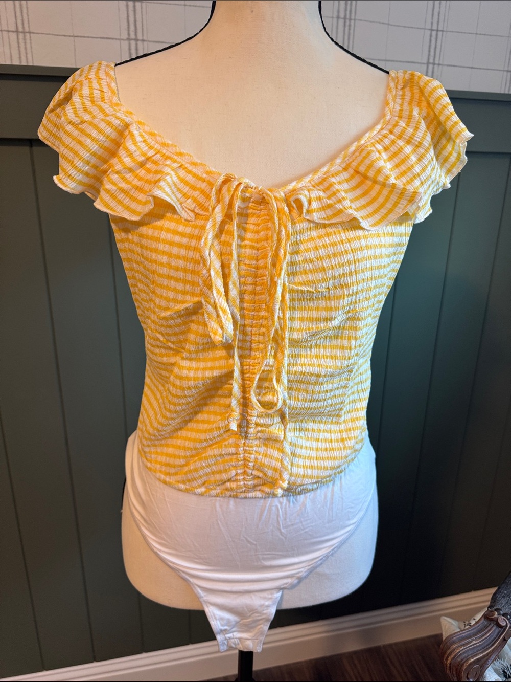 Promesa Yellow Striped Ruffle Tie-Front Bodysuit